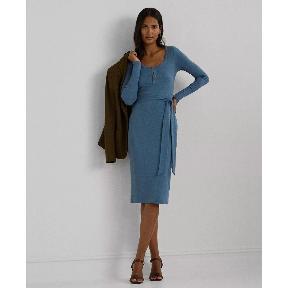 Lauren Ralph Lauren Blue Rib-Knit Henley Belted Midi Dress L Long Sleeve NWT